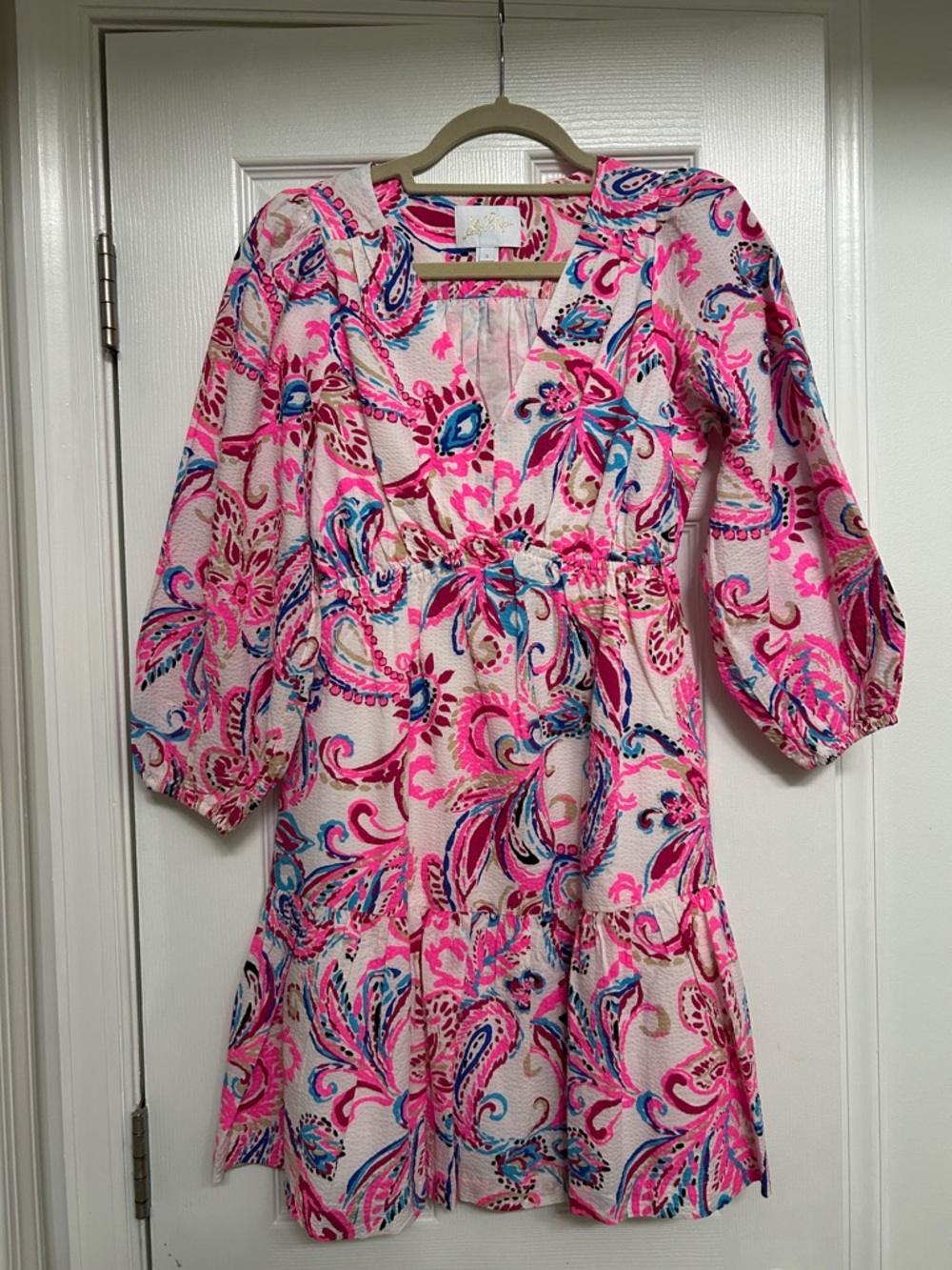 Lilly Pulitzer Pink Paisley Print V-neck Dress with Blue Accents